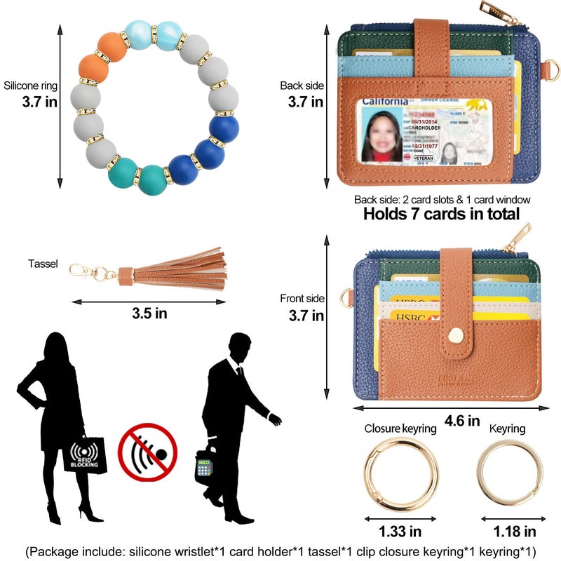 COOLANS Wristlet Bracelet Keychain Card Holder Card Pocket PU Leather Purse Tassel Keychain Bangle Key Ring for Women Girls (Silicone Bead Bracelet+Card Purse (Rainbow)) - Image 2